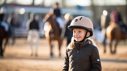 Happy girl riding horse at equitation lesson, looking at camera in horseriding helmet