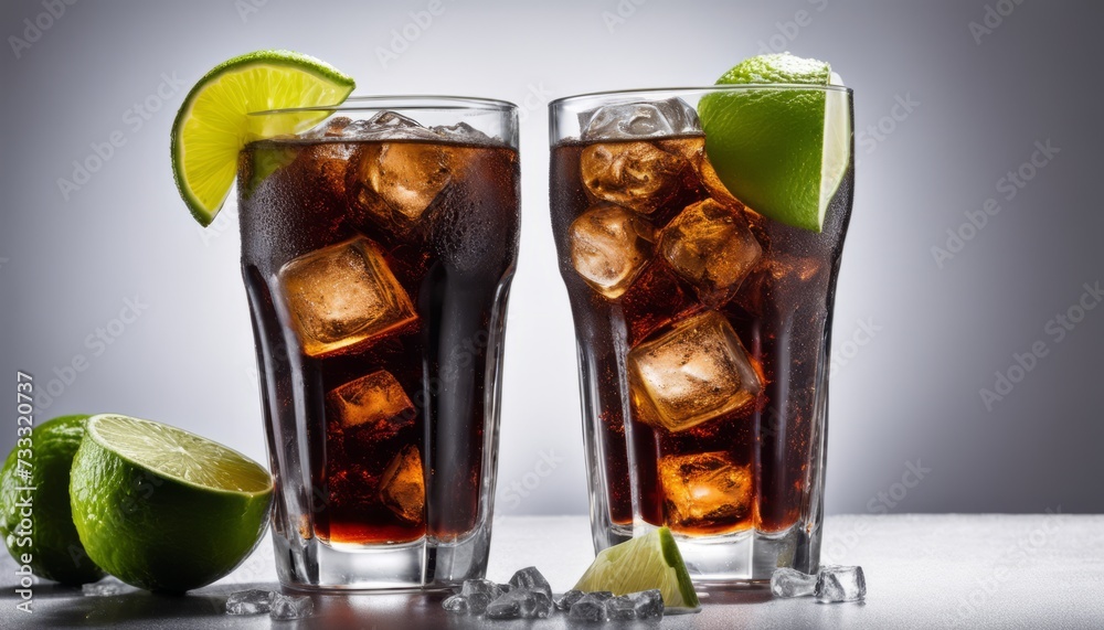 Poster Two glasses of soda with lime wedges and ice