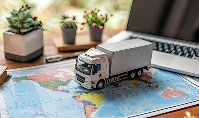 Business truck with container travelling on paper map