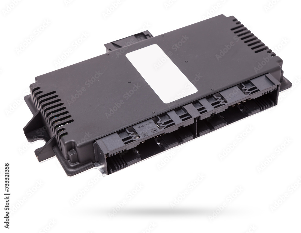 Sticker Metallic car engine control unit with plastic elements on a white isolated background is connecting center of various subsystems, units and assemblies. Monitoring the state of the moment. Spare part.