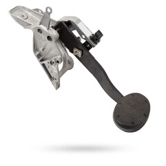 Brake pedal on a white isolated background in a photo studio for sale in a car service. Black auto...