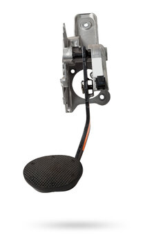 Brake pedal on a white isolated background in a photo studio for sale in a car service. Black auto part for replacement during repair in the workshop. Spare part junkyard.