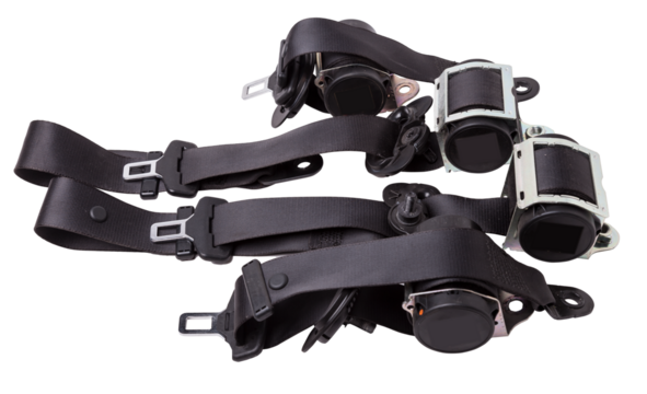 Spare part and interior element black seat belt from a car on a white isolated background. Auto service industry.