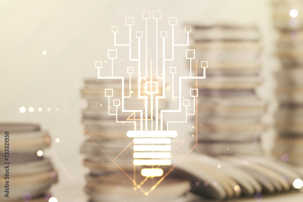 Aufkleber Virtual creative idea concept with light bulb and microcircuit illustration on stacks of coins background. Neural networks and machine learning concept. Multiexposure