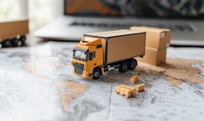 Business truck with container travelling on paper map