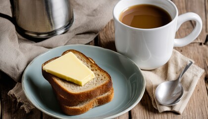 Obraz na płótnie Canvas A cup of coffee sits next to a plate of toast