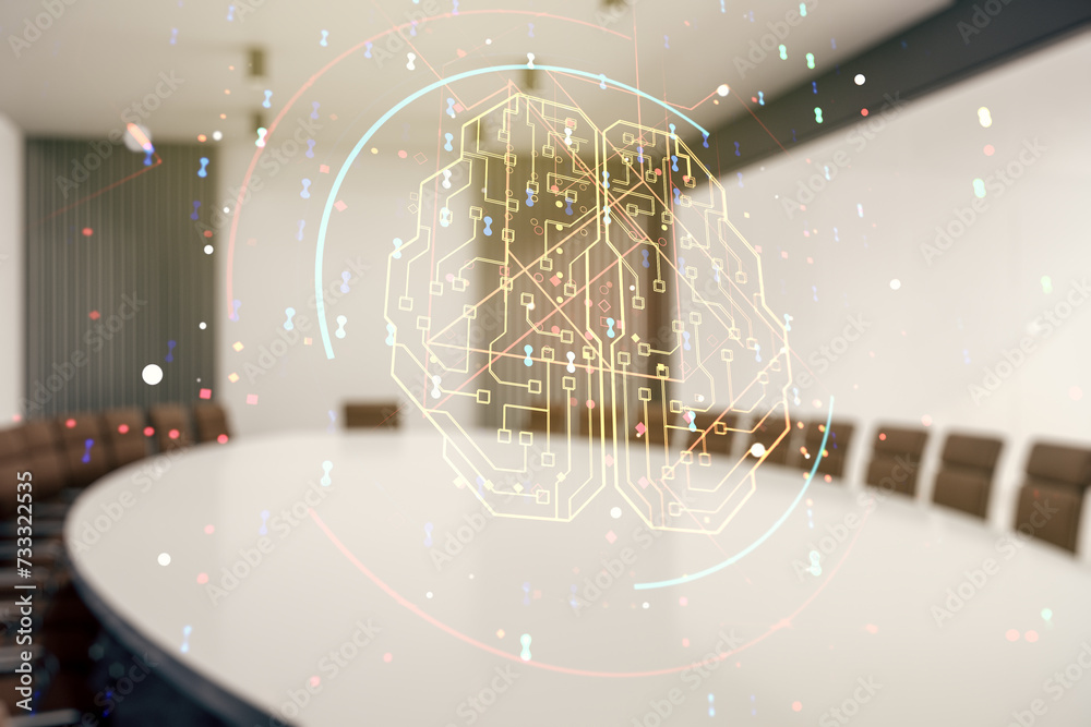 Aufkleber Double exposure of creative artificial Intelligence interface on a modern meeting room background. Neural networks and machine learning concept