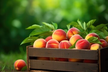 abstract colorful background of ripe peaches on wooden table