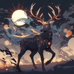 Majestic Stag Under Enchanted Sky: A Mystical Illustration with Ethereal Lights