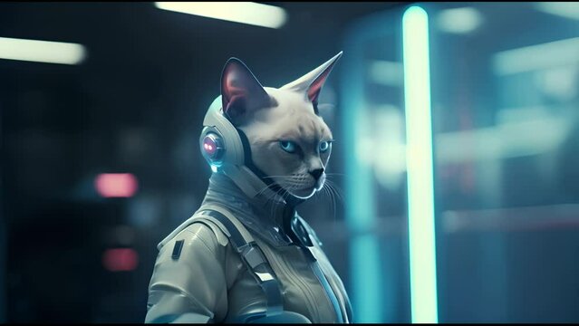 Anthropomorphic fantasy cat in cyborg armor. Fantastic android kitten in cyberpunk style. Technology and future concept.