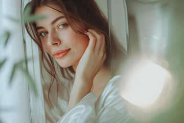 Fototapeta premium A young woman in a moment of reflection, looking into a mirror with a gentle, contemplative expression.