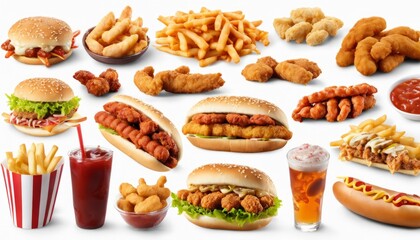 A variety of fast food items, including chicken sandwiches, fries, and drinks