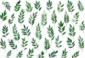 green leaves arranged on white background in - obrazy, fototapety, plakaty
