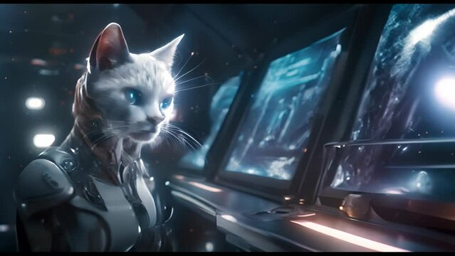 Anthropomorphic fantasy cat in cyborg armor. Fantastic android kitten in cyberpunk style. Technology and future concept.