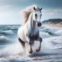 Fototapeta premium Majestic White Horse Galloping Along the Beach at Sunset