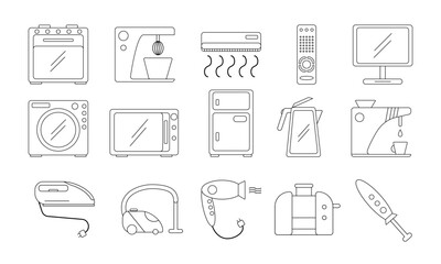 Set of household appliances icons. Vector black outline icon. Home appliances theme.