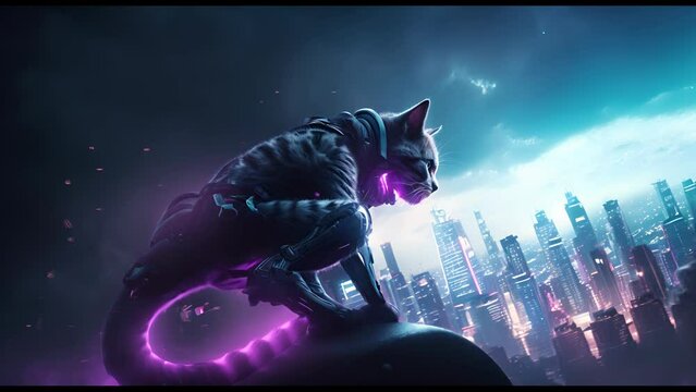 Anthropomorphic fantasy super hero cat in cyborg armor. Fantastic android kitten in cyberpunk style. Technology and future concept.