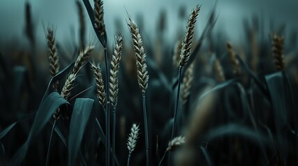 Photo of dark, moody wheat fields. The image depicts close up shots of wheat stalks. Ai Generated