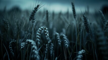 Photo of dark, moody wheat fields. The image depicts close up shots of wheat stalks. Ai Generated - obrazy, fototapety, plakaty
