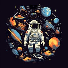 Astronaut in Outer Space with Planets, Stars, and Cosmic Elements