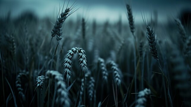 Photo of dark, moody wheat fields. The image depicts close up shots of wheat stalks. Ai Generated