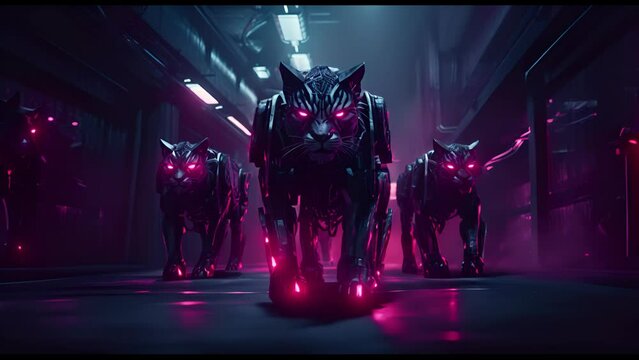 Anthropomorphic fantasy soldier cat in cyborg armor. Fantastic android kitten with weapon in cyberpunk style. Technology and future war concept.