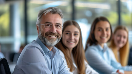 Obraz premium Business photo, featuring a team of co-workers, including a middle-aged woman