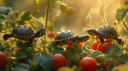 Turtles and tomatoes in the garden