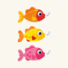 Vibrant fish set on isolated background. Cartoon hand drawn style. For cartoon characters, children's books, prints.