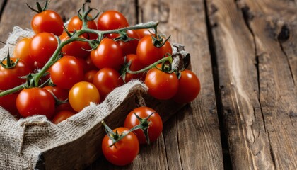 A basket of ripe tomatoes on a wooden table - obrazy, fototapety, plakaty