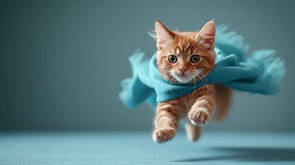 Flying sweet red cat with a blue cape