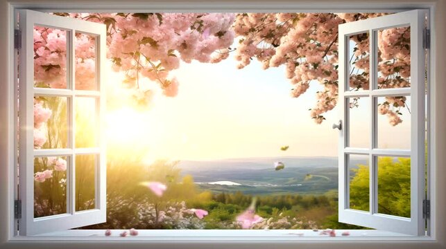 Landscape with cherry blossoms view from window. Seamless looping time lapse 4k video animation background