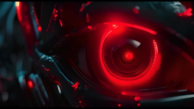 Close-up eye of evil skeleton robot in metal armor. Skull of futuristic cyborg. Technology, robotics, artificial intelligence and future concept.