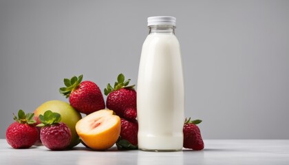 A bottle of milk next to a pile of fruit