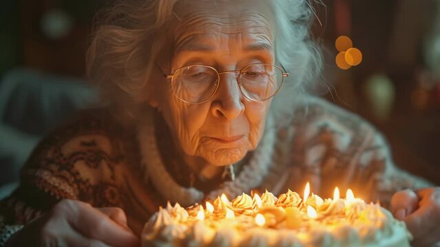 Elderly woman make wish and blow candles birthday cake close up. Fun pensioner party. Happy old lady celebrate holiday home. Sweet dessert. Joyful retired grandma. Cozy festive atmosphere. Fire light.