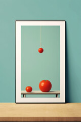 Minimalistic art with red tomatoes on a teal backdrop in a white frame