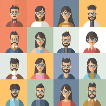 A large set of vector avatars of modern diverse multicultural multinational men and women in a round frame. A collection of faces of male and female characters in circles. Flat style