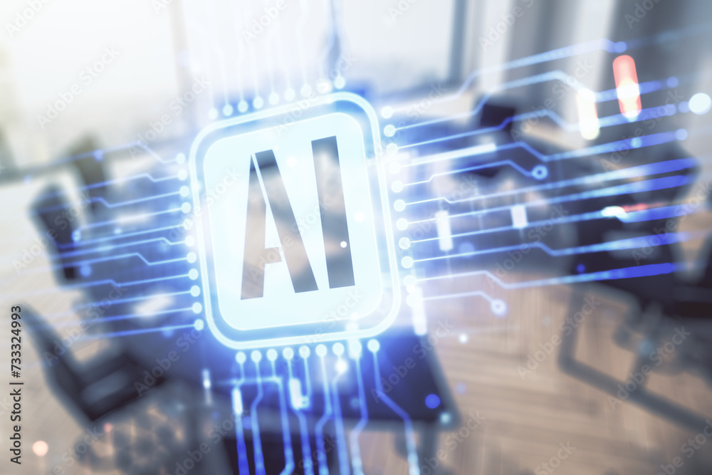 Aufkleber double exposure of creative artificial intelligence icon on a modern meeting room background. neural