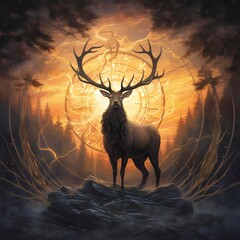 Majestic Stag Silhouette Against Full Moon in Enchanted Forest Scene