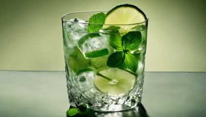 A glass of mint and lemonade on a table