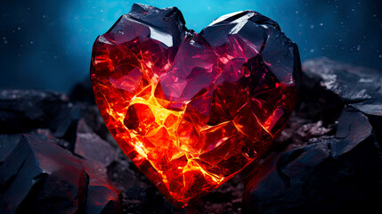 A glowing heart-shaped object amidst dark rocks, symbolizing hope in darkness. Concept of love that has endured hardship, still shining brightly.