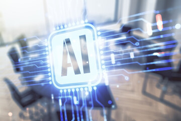Double exposure of creative artificial Intelligence icon on a modern meeting room background. Neural networks and machine learning concept