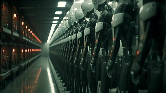 Robots working on futuristic factory. Technology, robotics, artificial intelligence and future.