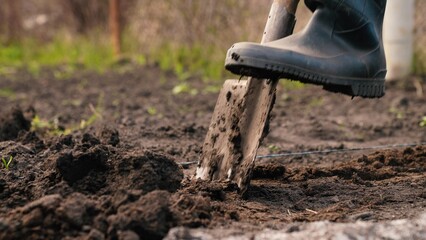 agriculture, farmer dripping soil foot rubber boots, ground, earth business, planting seedlings,...