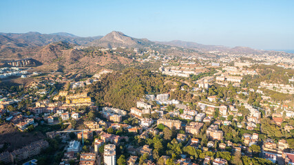 Fototapeta na wymiar Aerial photo from drone to the city of Malaga and old town Malaga at at sunset. Malaga,Costa del sol, Andalusia,Spain, (Series)