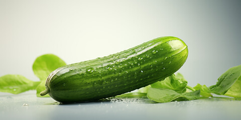 Fresh cucumber and leaves on a light green background