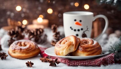 Obraz na płótnie Canvas A cup of coffee with a snowman on it and two cinnamon rolls on a plate