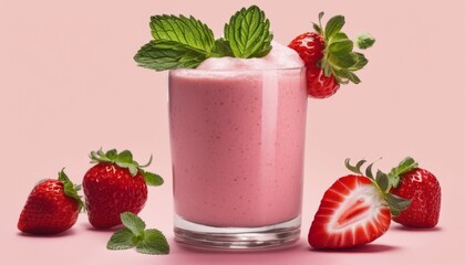 A glass of pink milkshake with strawberries on top
