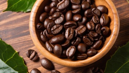 A wooden bowl filled with coffee beans