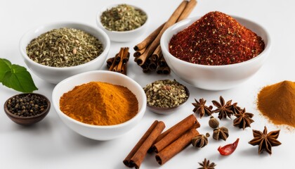 A variety of spices and herbs in bowls